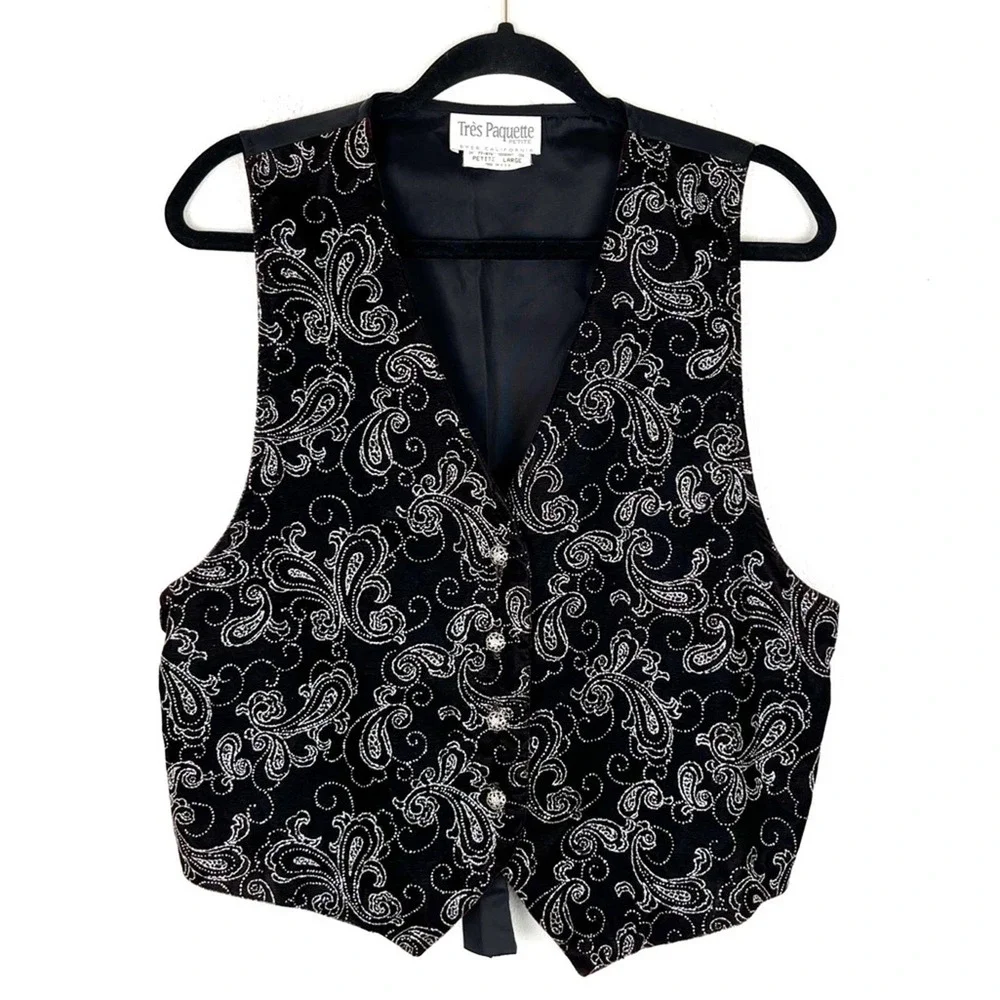 Vintage Black Velvet Vest Metallic Paisley Button Front